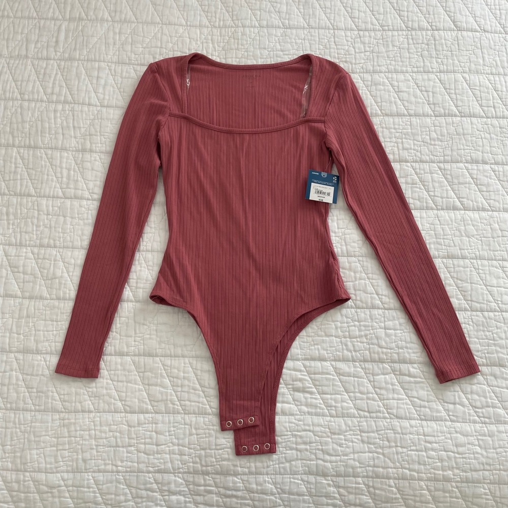 Arizona Jean Co Ribbed Bodysuit Yuma Rose Square Neck Long Sleeve Medium NWT